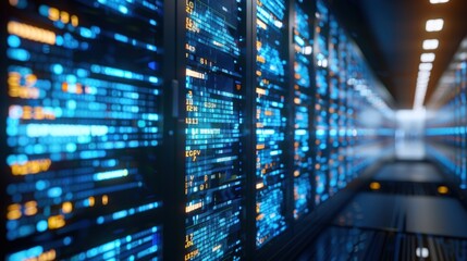 Obraz premium Digital Data Center: Server Room with Glowing Blue Codes