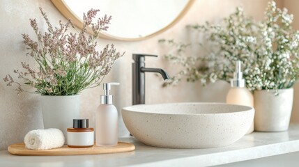 Elegant minimalist bathroom with round stone sink and fresh flowers