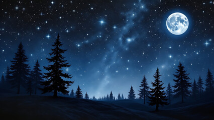 Starry night sky over a tranquil forest in Scratchboard Art style with contrasting colors.