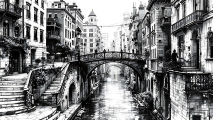 Fototapeta premium Serene canal scene with buildings in Scratchboard Art style under soft lighting.