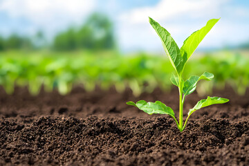 Green small sprout in a pile of soil. Seedling, growing from the soil