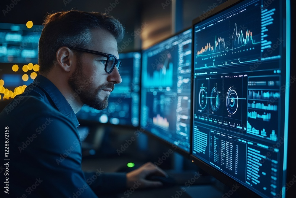 Aufkleber Analyzing data on multiple computer screens in modern office