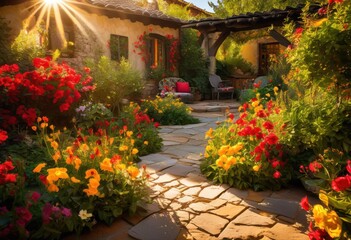 Obraz premium vibrant blooms lush garden bathed sunlight picturesque patio surrounded natural beauty flora, gardens, flowers, pets, greenery, plants, leaves, pavers