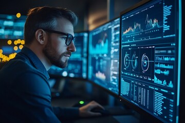 Analyzing data on multiple computer screens in modern office