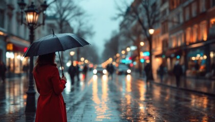 Obraz premium Woman in red coat holding umbrella on rainy city street at dusk
