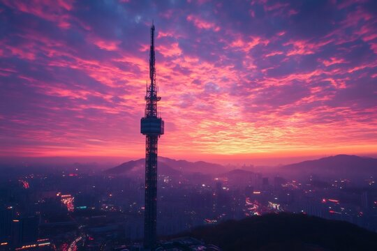 Dragon King's Daughter Observation Tower standing out against colorful sunset over Jinan city, China