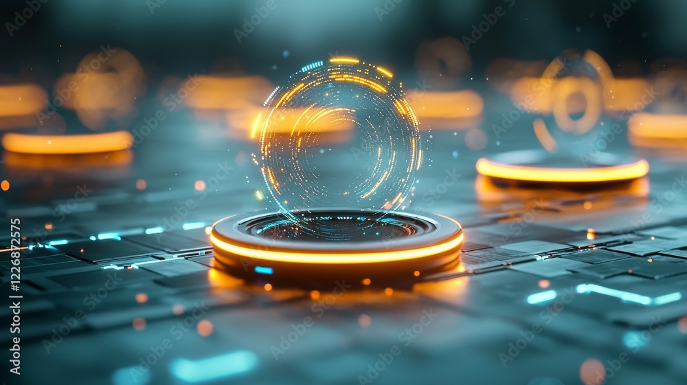 Wall mural digital assets and ecosystem concept. futuristic digital interface with glowing elements and a spher