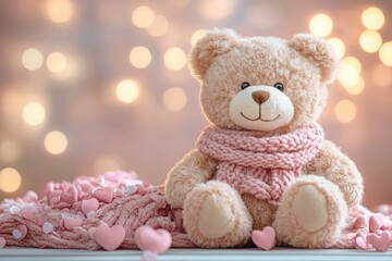 Adorable Teddy Bear with Cozy Scarf and Heart Decorations