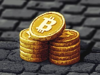 A pile of golden bitcoin coins on a brick street, representing cryptocurrency wealth.