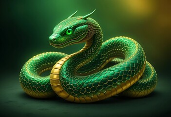 Fototapeta premium Green Gold Snake Digital Art Majestic Reptile Fantasy Creature