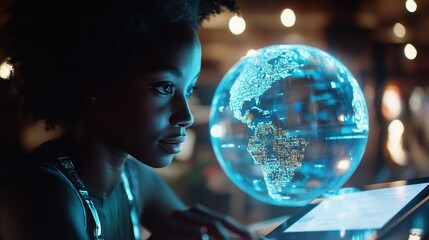 Naklejka premium Global Connectivity: A Woman Exploring Digital Worlds
