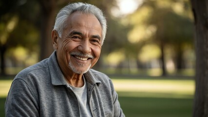 elderly hispanic male in gray casual wear on a park background model portrait smiling for ad concept space for text
