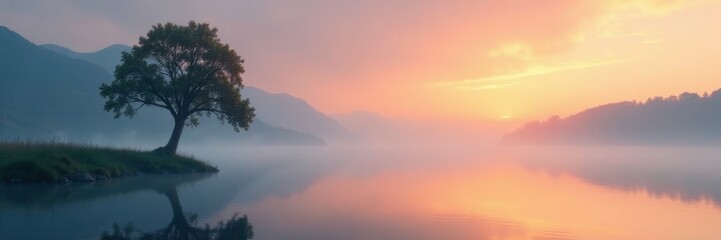 Obraz premium Serene misty lakeside scene featuring a lone tree at sunrise moment, serene, peaceful, calm