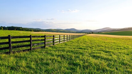 Fototapeta premium Sunlit pasture with wooden fence, rolling hills background, idyllic rural scene, perfect for travel brochures