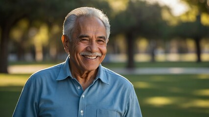 elderly hispanic male in blue casual wear on a park background model portrait smiling for ad concept space for text