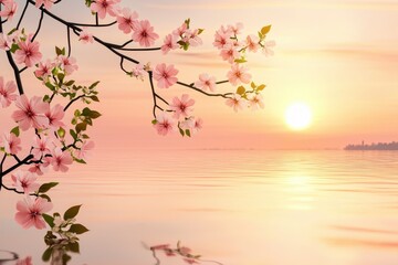 Naklejka premium Spring Sunset over a Lake A tranquil lake reflecting a pink and orange spring sunset, with blooming trees on the shore. 