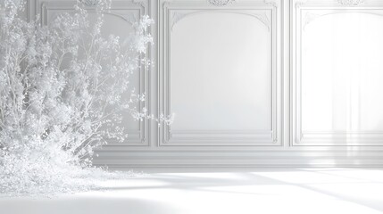 Fototapeta premium White Room with Ornate Walls and Flowering Branches