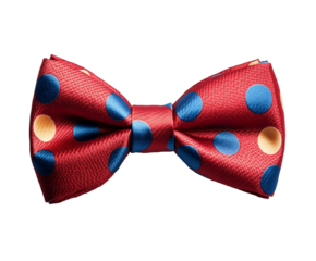 Colorful red bow tie with blue and yellow polka dots, perfect for festive occasions. Isolated on transparent white background, png	
