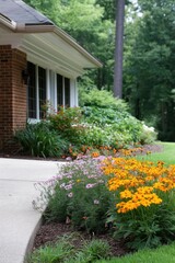 Fototapeta premium A house with a white roof and a brick exterior. The front yard is filled with flowers and plants, including orange and pink flowers