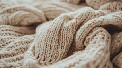 Fototapeta premium Cozy knit fabric texture in soft beige tones, perfect for warmth and comfort. This captures intricate patterns and inviting feel of knitted textiles