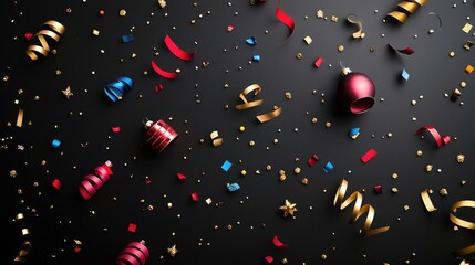 Colorful metallic confetti for celebrations such as parties, holidays or events. Shiny gold glitter and red, green, blue, yellow balls with fringes create a festive atmosphere.
