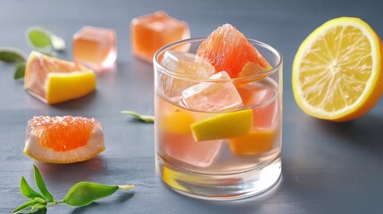 Refreshing Grapefruit and Lemon Ice Cubes in Glass A Summer Drink