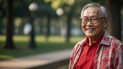 elderly asian male in red casual wear on a park background model portrait smiling for ad concept space for text
