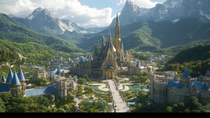 Fototapeta premium Majestic Fantasy Castle Surrounded by Lush Greenery and Towering Mountains