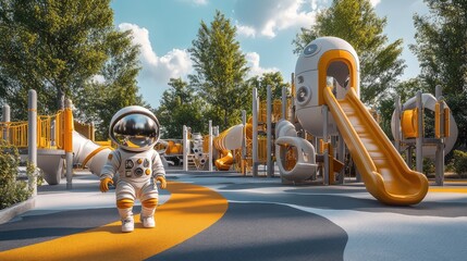Science Fiction-Themed Playground with 3D Child Astronaut, Designed for Imaginative Play and Featuring Ample Copy Space