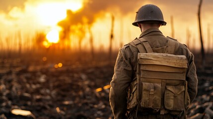 World War II Soldier Sunset Battlefield Scene Military Man Back View