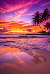 breathtaking tropical beach scene vibrant sunset lighting sky reflecting calm waters, picturesque, tropics, ocean, clouds, sand, colors, reflection