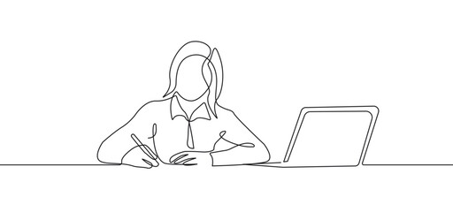 Continuous Line Drawing of Businesswoman in Sitting Pose. One Line Drawing of Woman with Laptop. Business Concept Single Line Vector Illustration.