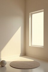 Minimalist interior corner with sunlight illuminating a circular rug and a single sphere