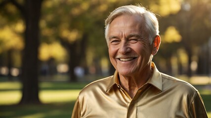 Obraz premium elderly american male in gold casual wear on a park background model portrait smiling for ad concept space for text