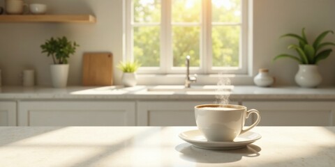 Aromatic Steam Rising from a Warm Mug of Coffee on a Sunny Kitchen Countertop