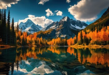 Obraz premium dynamic textures revealing majestic mountain landscapes under clear skies surrounded whimsical clouds featuring vibrant forests reflective lakes, sky