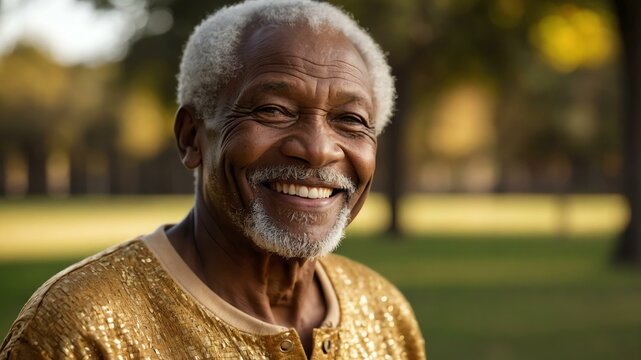elderly african male in gold casual wear on a park background model portrait smiling for ad concept space for text