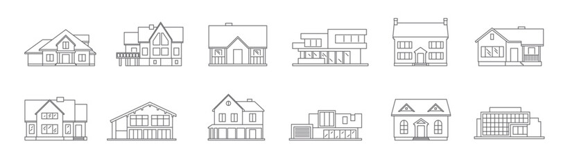 Building and house icons drawing in modern linear style on beige white background