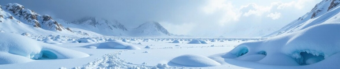 Frozen landscape, ethereal snow drifts, icy textures, landscape, glacial
