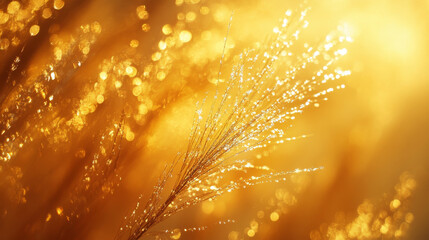 Fototapeta premium Golden sunlight illuminates delicate grass blades, creating radiant, glowing effect. shimmering droplets enhance beauty of nature, evoking sense of warmth and tranquility