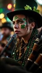 Fototapeta premium Female musician in traditional irish costume with face paint playing bagpipes