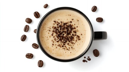 Fototapeta premium Aromatic Coffee Cup with Roasted Beans Top View Cappuccino