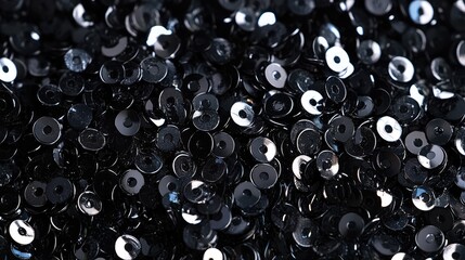 Close-Up of Shiny Black Sequins with Reflective Surfaces Creating a Sparkling and Textured Background for Fashion and Design Projects