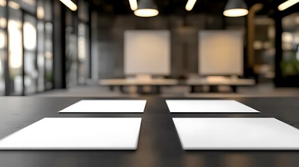 Four square flyers resting on dark surface in blurred modern office
