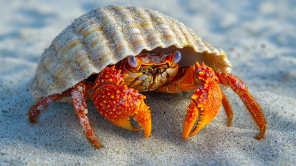 A hermit crab peeking out of its seashell on a sandy beach in bright daylight
