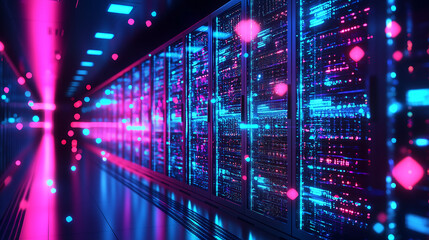 Futuristic quantum data center with glowing fractal crystal servers representing high-tech artificial intelligence cybersecurity and advanced cloud computing in a cyberpunk neon digital space