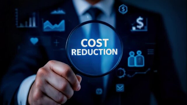 Businessman analyzing cost reduction strategies with a magnifying glass.