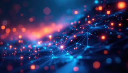 Abstract digital network with glowing nodes and connecting lines in blue and orange