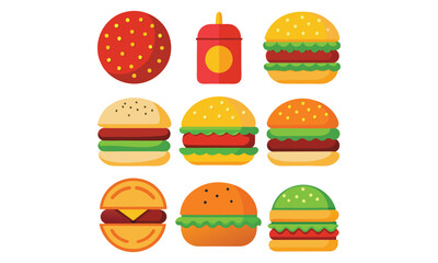 Burger and Fast Food Icons - Colorful Vector Illustrations of Various Hamburgers and Sandwiches