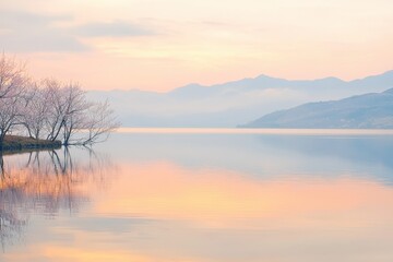 Obraz premium Spring Sunset over a Lake A tranquil lake reflecting a pink and orange spring sunset, with blooming trees on the shore. 